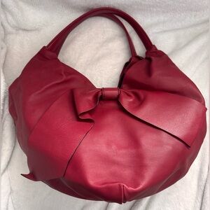 Valentino Garavani Red Lambskin Bow Shoulder Bag Hobo Gold Logo Large with COA